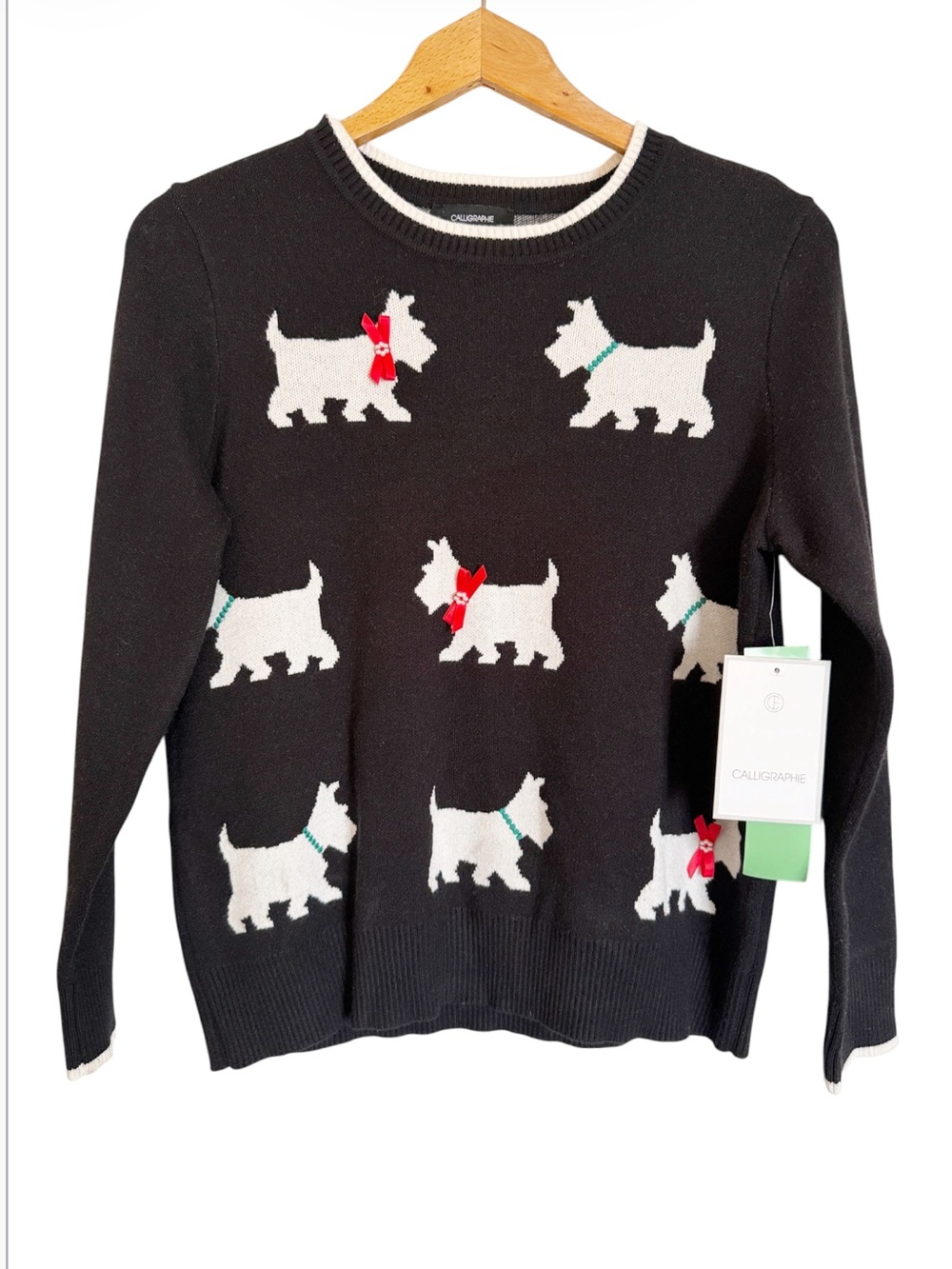 Anthropologie Calligraphie Scottish Terrier Black Knit Sweater size PM